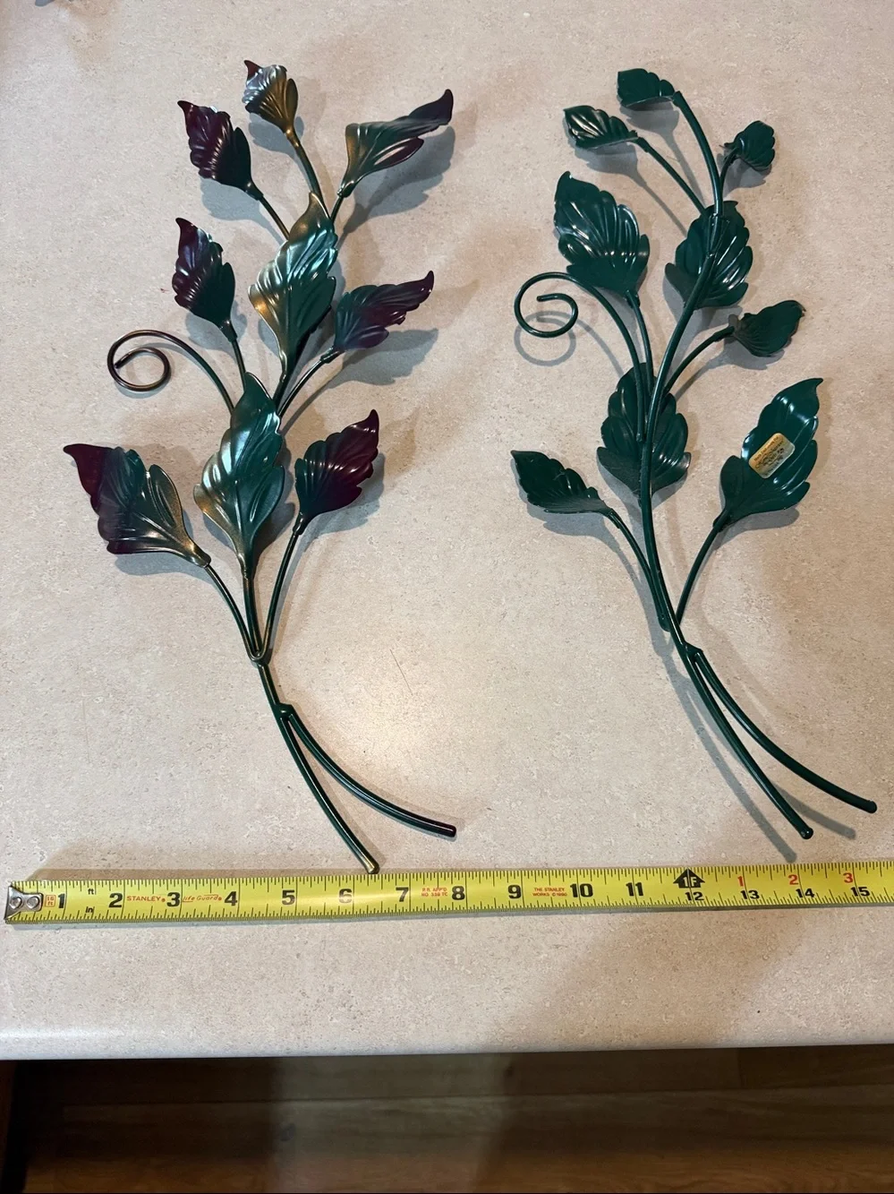 Vintage Decorative Metal Leaf Wall Accent in Green and Burgundy